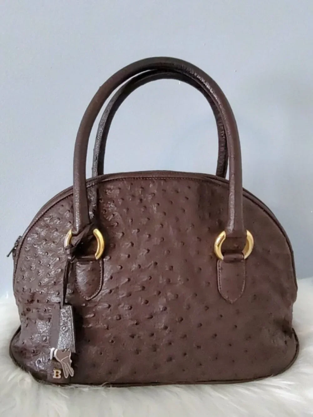 Bally vintage ostrich emb leather dome bowling bag satchel w/lock keys EUC